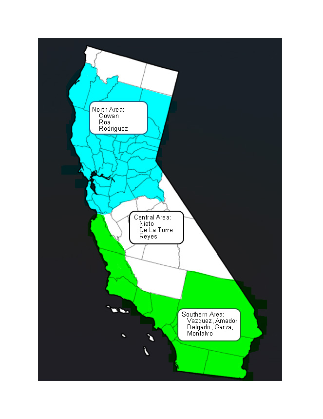 Complex map showing powerline arborist trainer areas across the entire state of California